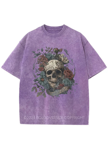 Vintage Rock N Roll Skull Roses Washed T-Shirt
