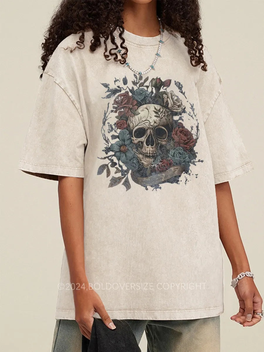 Vintage Rock N Roll Skull Roses Washed T-Shirt