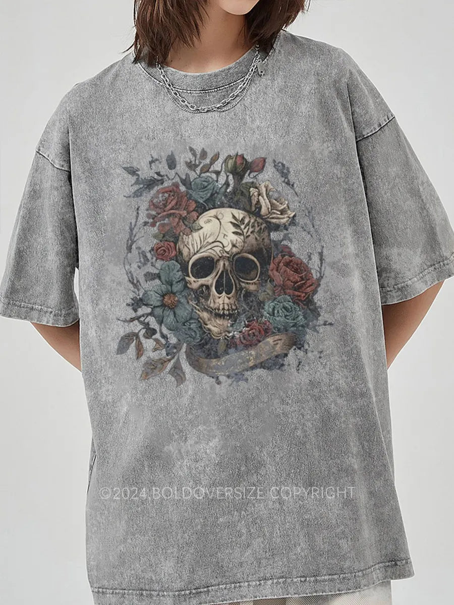 Vintage Rock N Roll Skull Roses Washed T-Shirt
