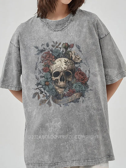 Vintage Rock N Roll Skull Roses Washed T-Shirt