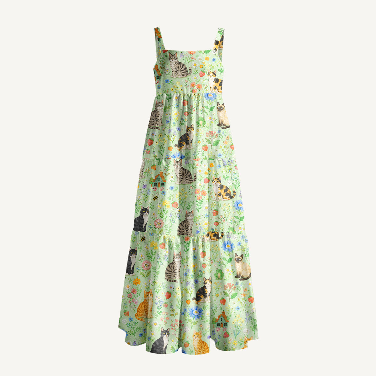 Floral Cats Parade Print Wide Straps Maxi Dress With Pockets