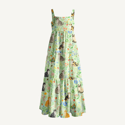 Floral Cats Parade Print Wide Straps Maxi Dress With Pockets