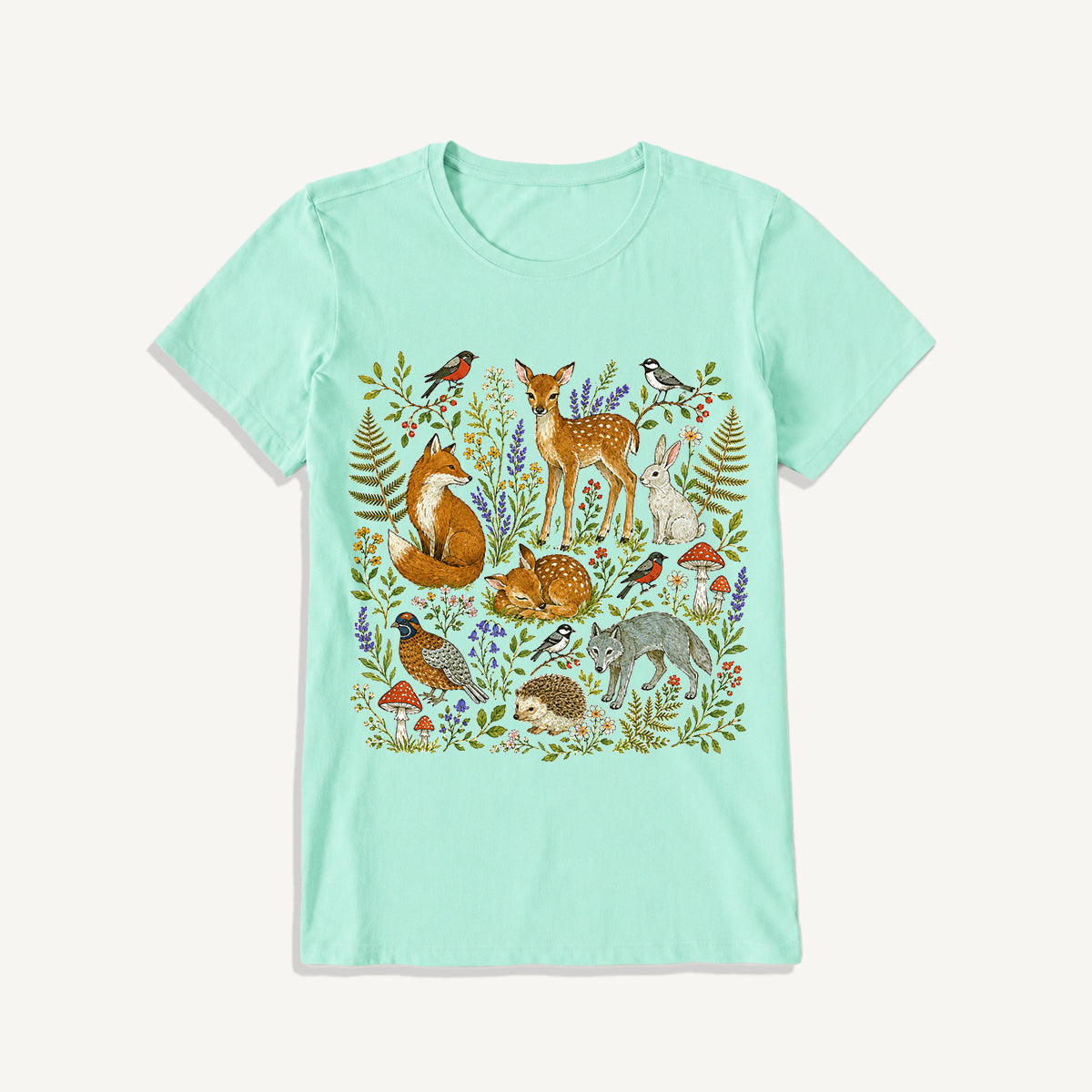 Woodland Garden Friends Print Crew Neck Cotton Tee