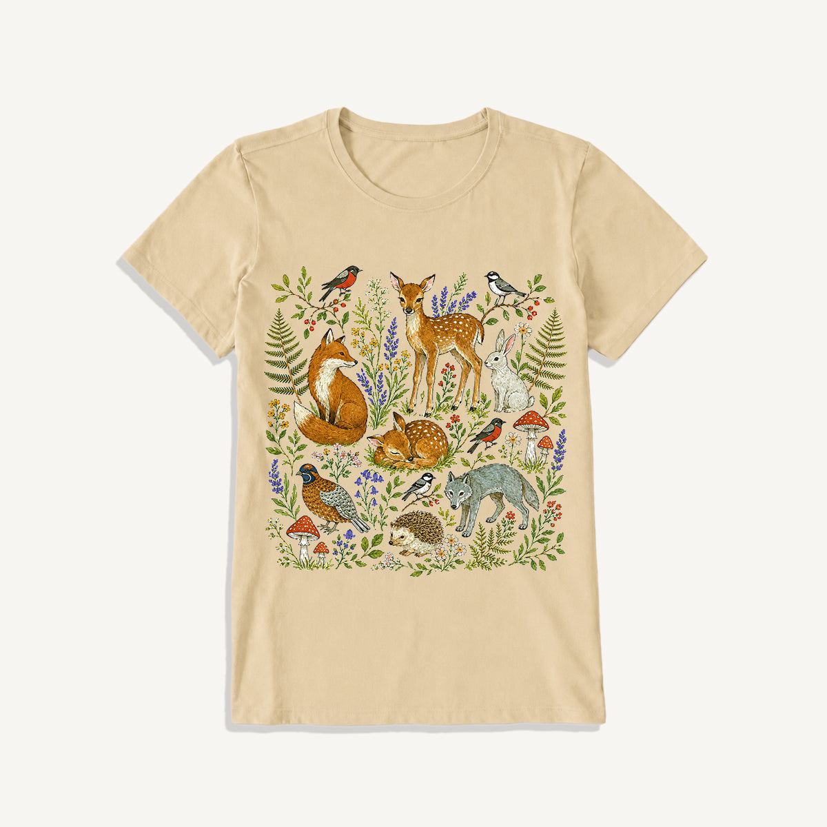 Woodland Garden Friends Print Crew Neck Cotton Tee