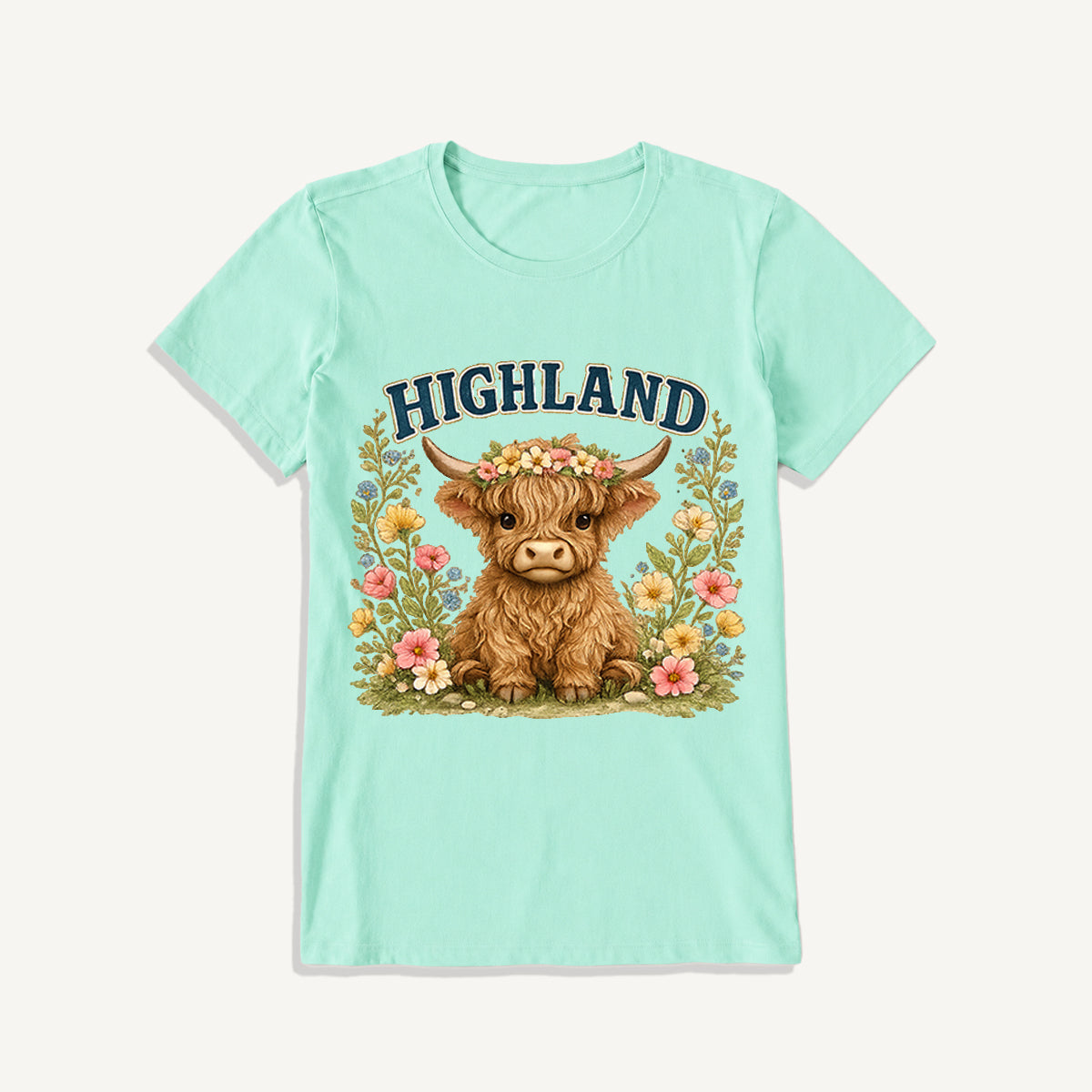 Highland Cow Wildflower Print Crew Neck Cotton Tee
