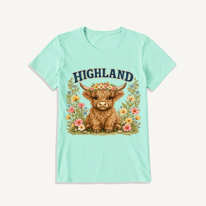 Highland Cow Wildflower Print Crew Neck Cotton Tee