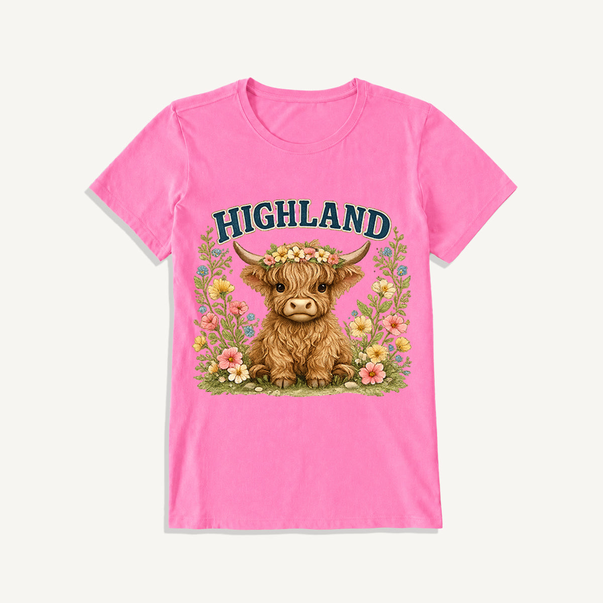 Highland Cow Wildflower Print Crew Neck Cotton Tee
