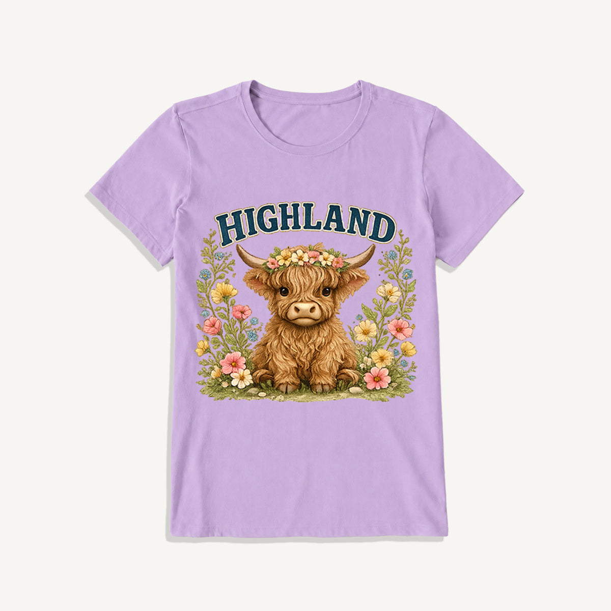 Highland Cow Wildflower Print Crew Neck Cotton Tee