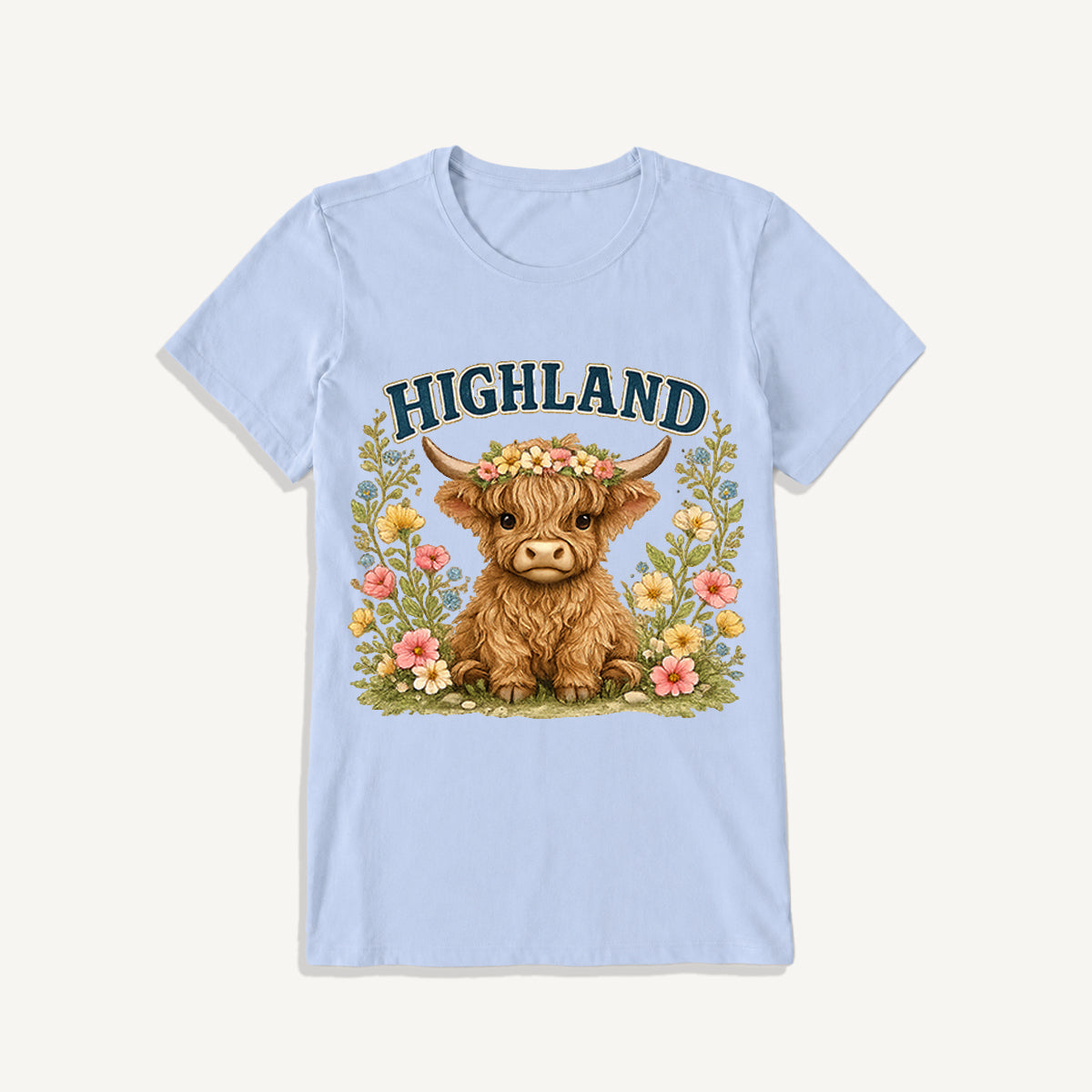 Highland Cow Wildflower Print Crew Neck Cotton Tee