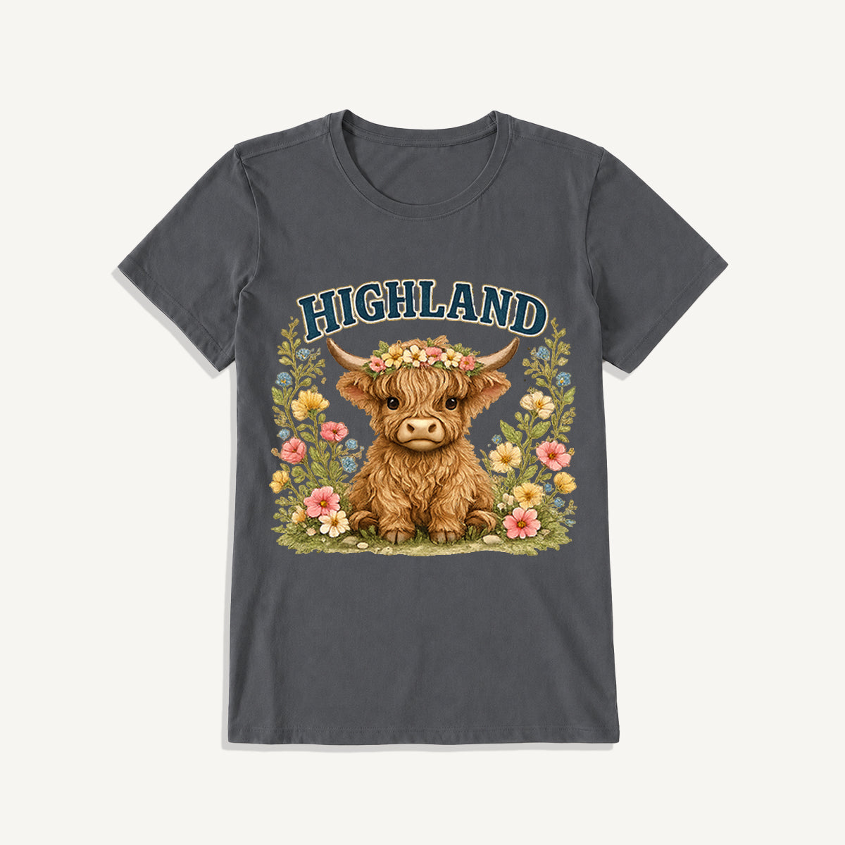 Highland Cow Wildflower Print Crew Neck Cotton Tee