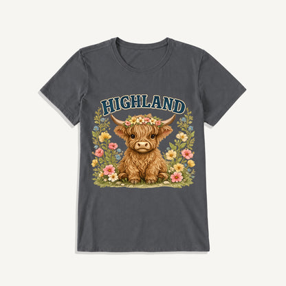 Highland Cow Wildflower Print Crew Neck Cotton Tee