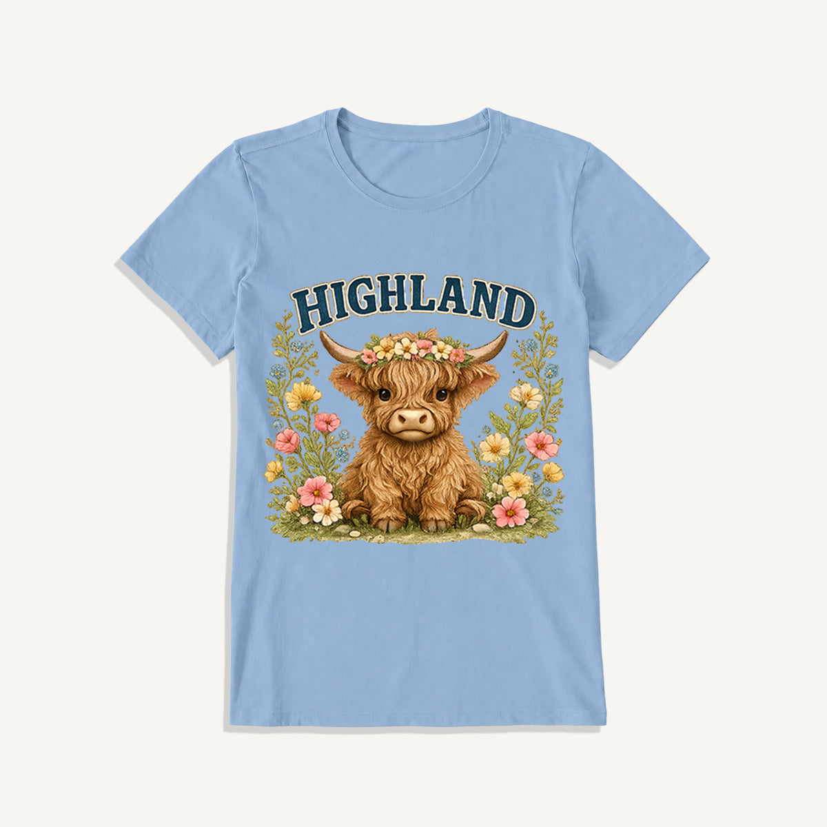 Highland Cow Wildflower Print Crew Neck Cotton Tee