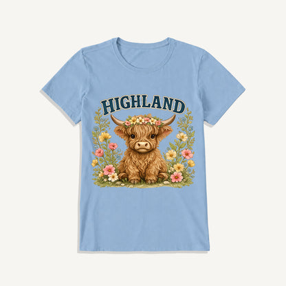 Highland Cow Wildflower Print Crew Neck Cotton Tee