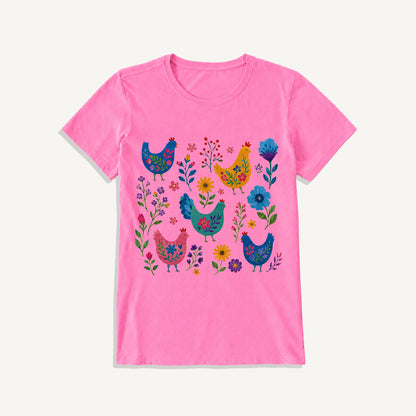 Colorful Folk Hens Print Crew Neck Cotton Tee