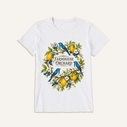 Farmhouse Orchard Bluebirds Print Crew Neck Cotton Tee