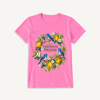 Farmhouse Orchard Bluebirds Print Crew Neck Cotton Tee
