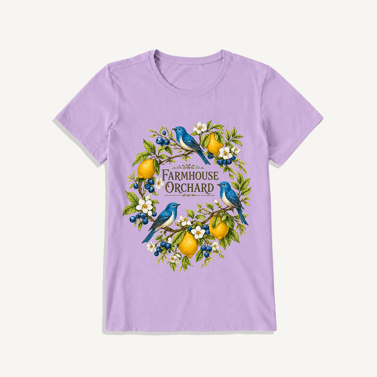 Farmhouse Orchard Bluebirds Print Crew Neck Cotton Tee