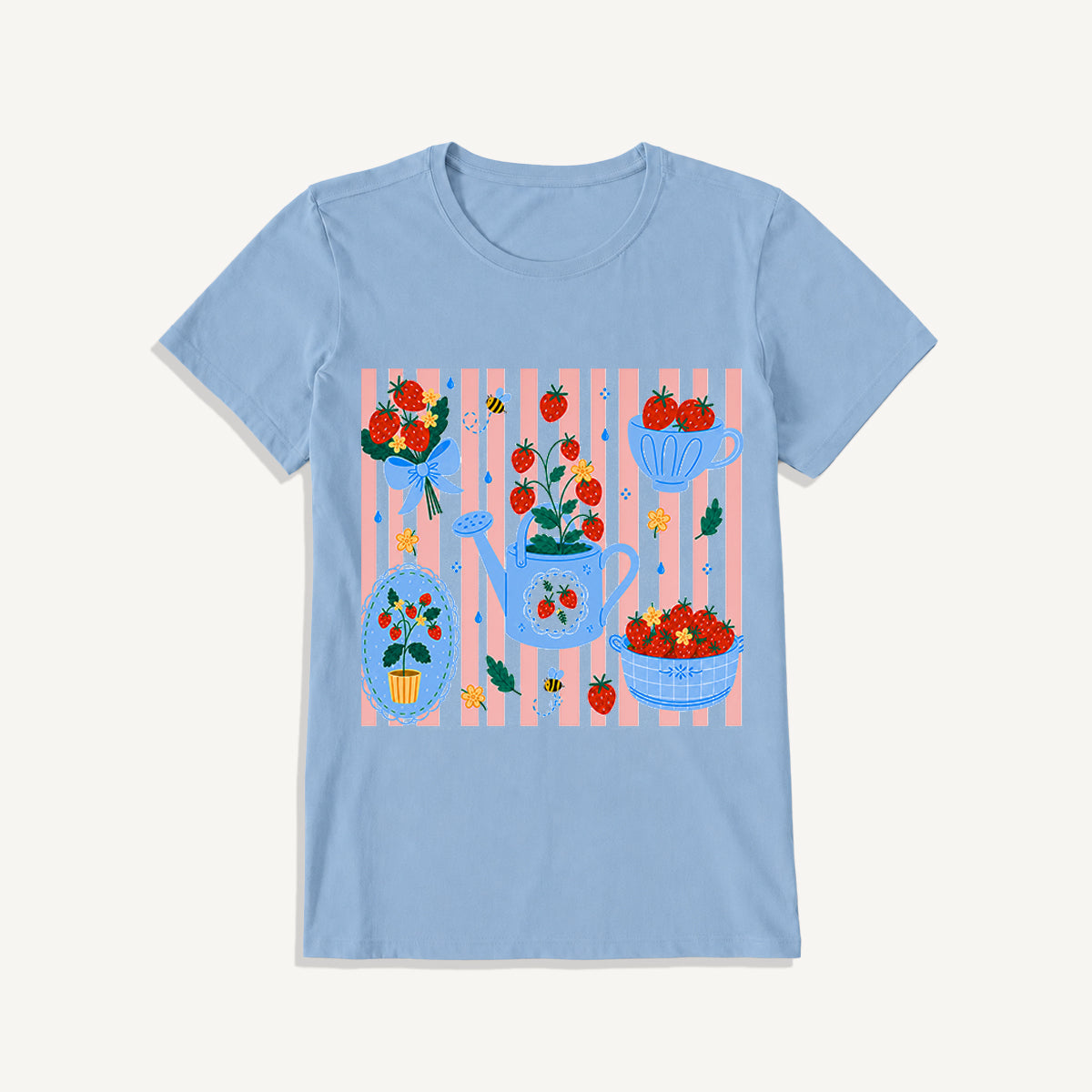 Strawberry Garden Harvest Print Crew Neck Cotton Tee