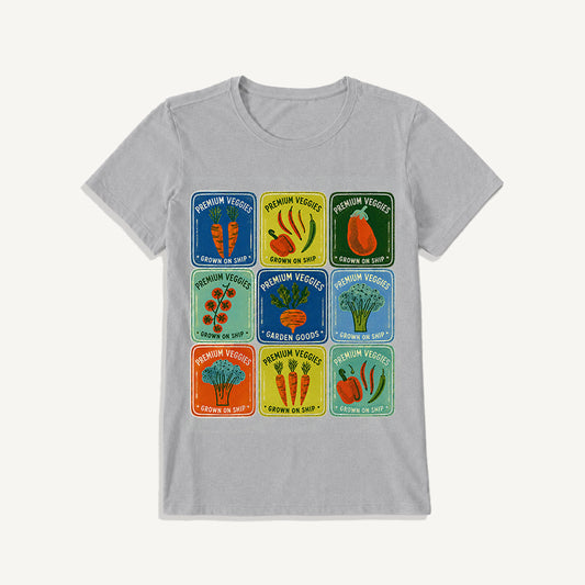 Vintage Veggie Market Print Crew Neck Cotton Tee