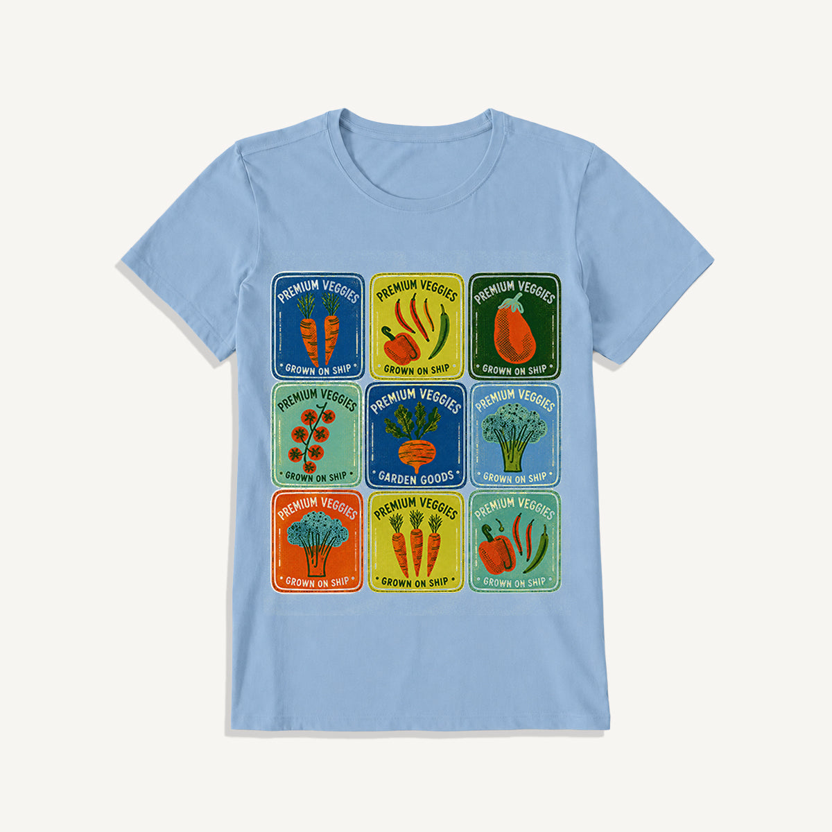 Vintage Veggie Market Print Crew Neck Cotton Tee