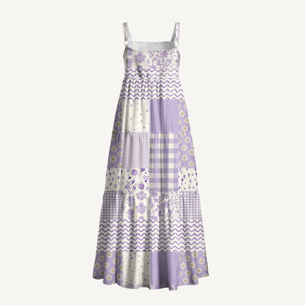 Lavender Field Patchwork Print Wide Straps Maxi Dress With Pockets