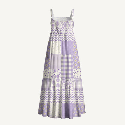 Lavender Field Patchwork Print Wide Straps Maxi Dress With Pockets