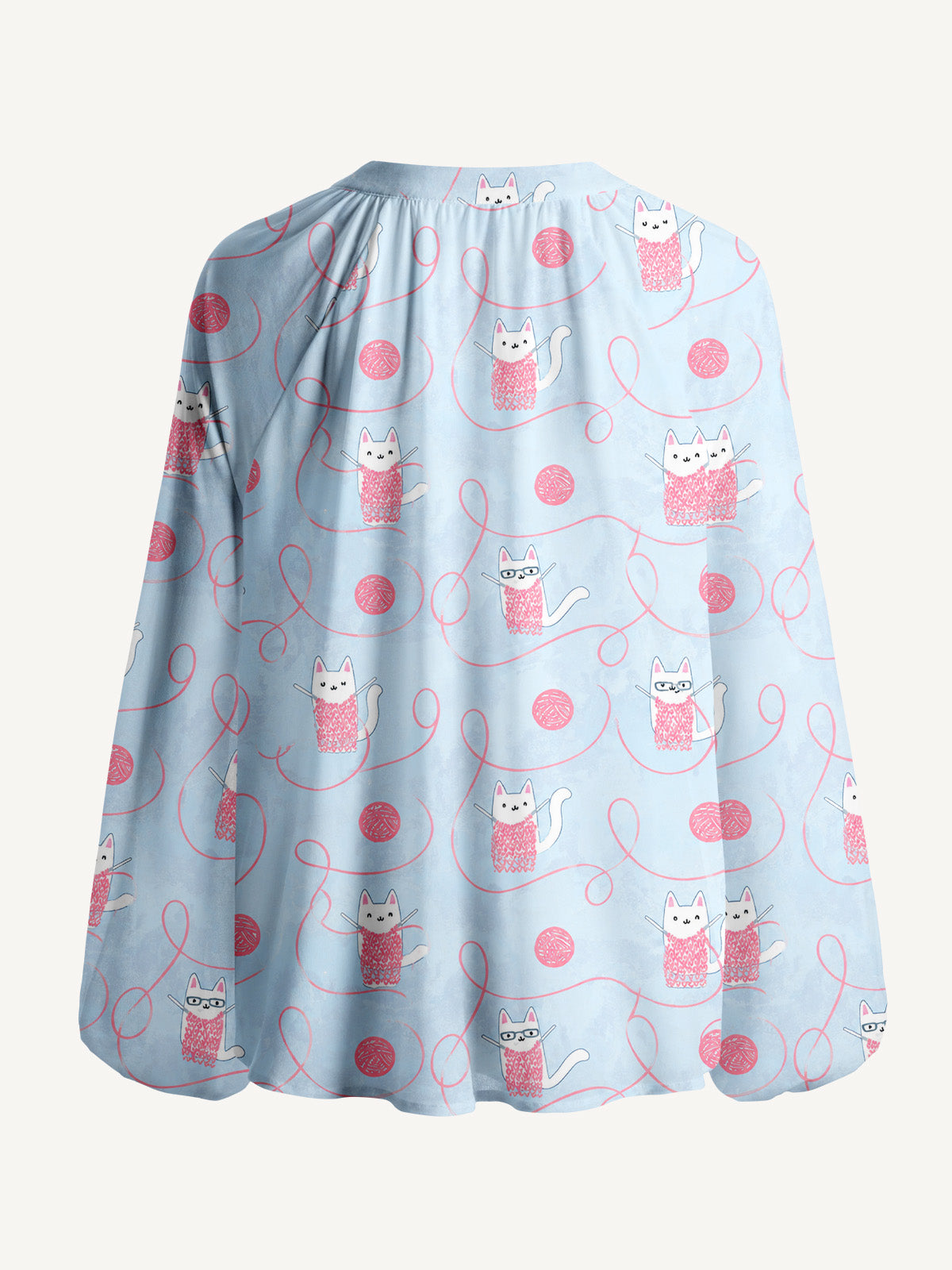 Cozy Yarn Basket Cat Print Boho Long Sleeve Tie‑Neck Blouse