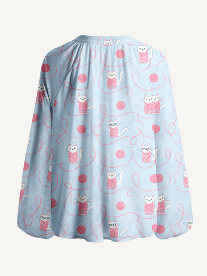 Cozy Yarn Basket Cat Print Boho Long Sleeve Tie‑Neck Blouse