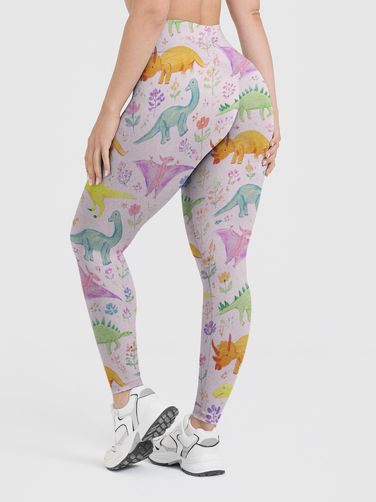 Vintage Pastel Watercolor Dinosaur Garden Leggings