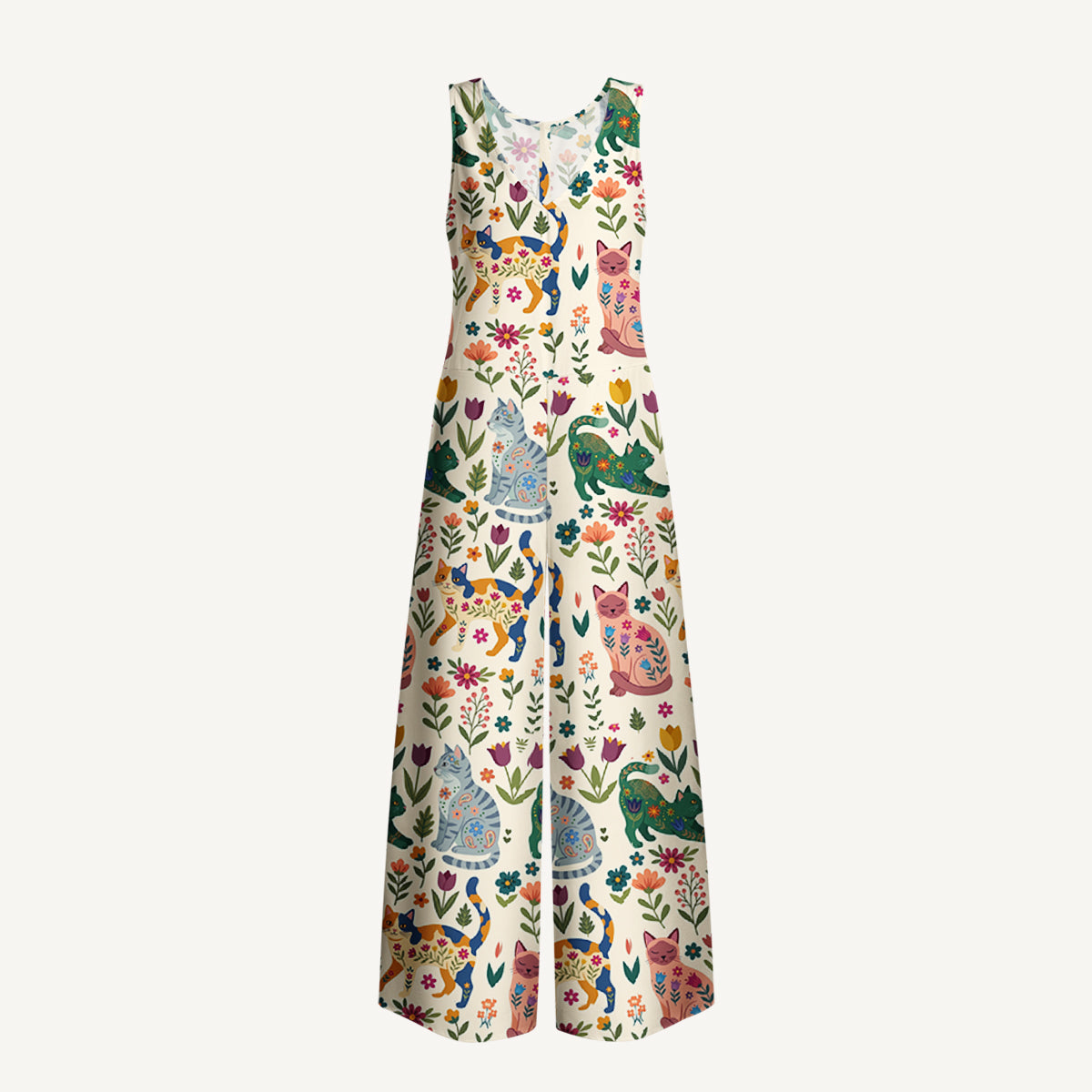 Cute Flower Cat Print Boho Jumpsuit with Pockets for Women