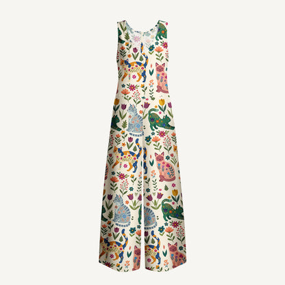 Cute Flower Cat Print Boho Jumpsuit with Pockets for Women