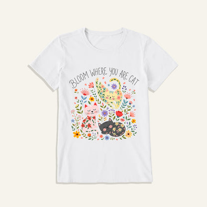 Floral Feline Bloom Print Crew Neck Cotton Tee