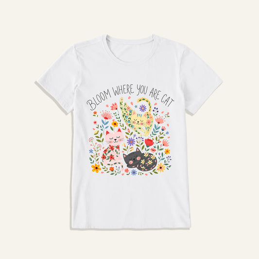 Floral Feline Bloom Print Crew Neck Cotton Tee