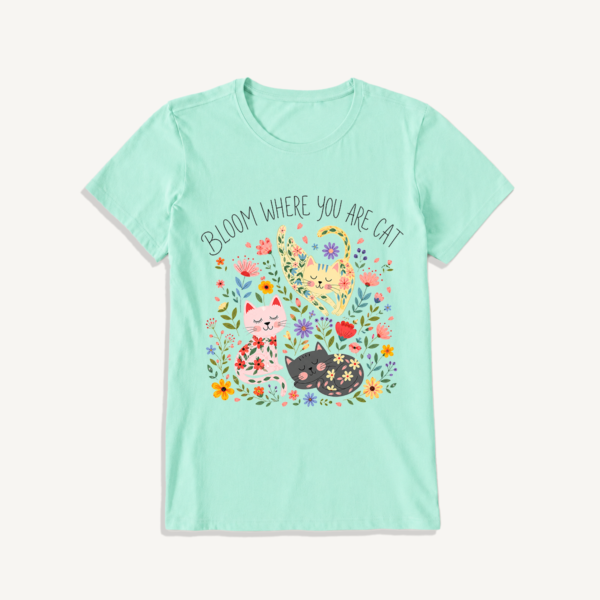 Floral Feline Bloom Print Crew Neck Cotton Tee