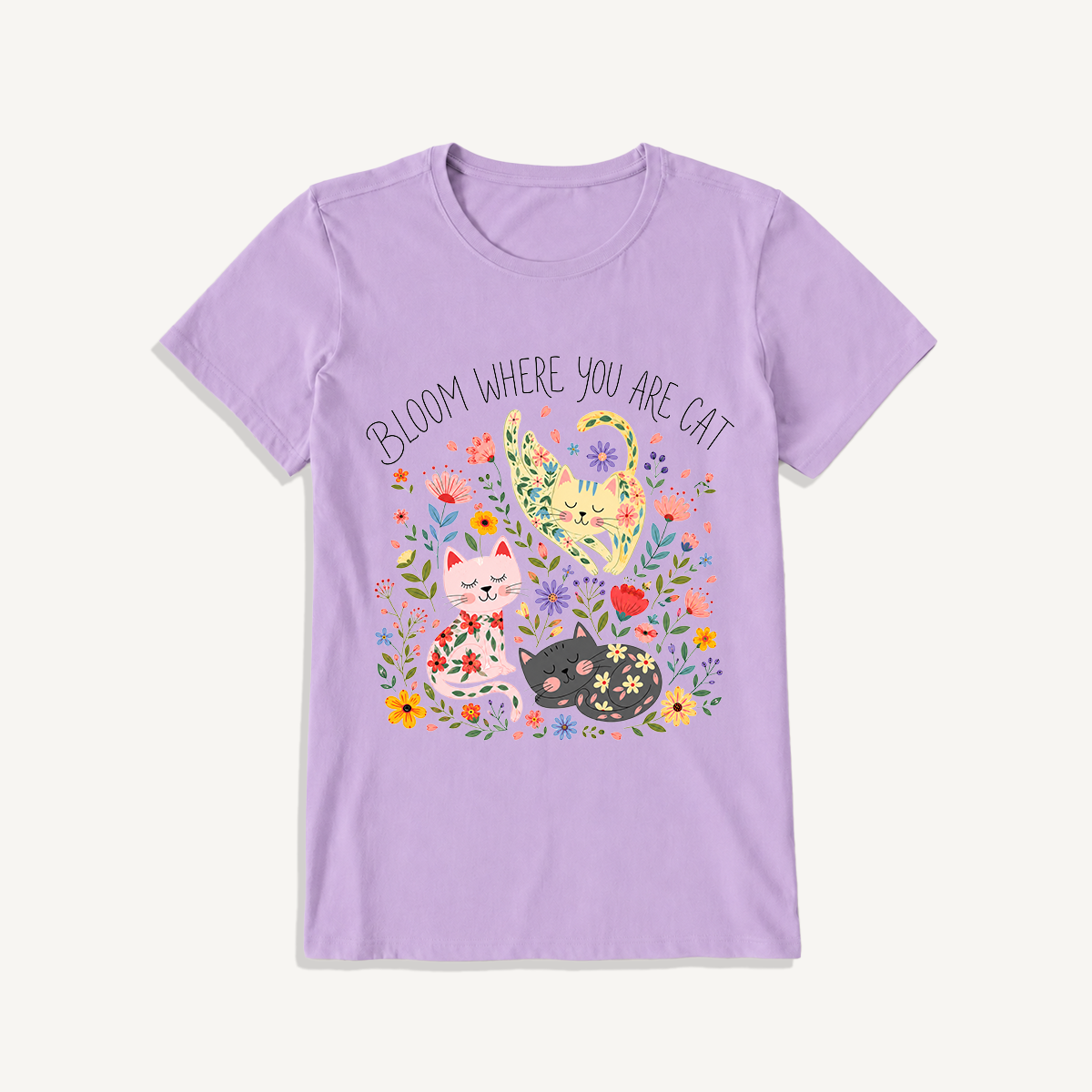 Floral Feline Bloom Print Crew Neck Cotton Tee
