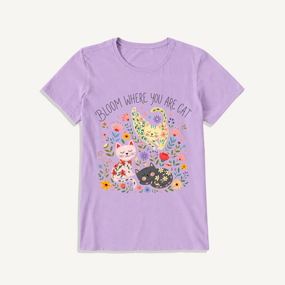 Floral Feline Bloom Print Crew Neck Cotton Tee