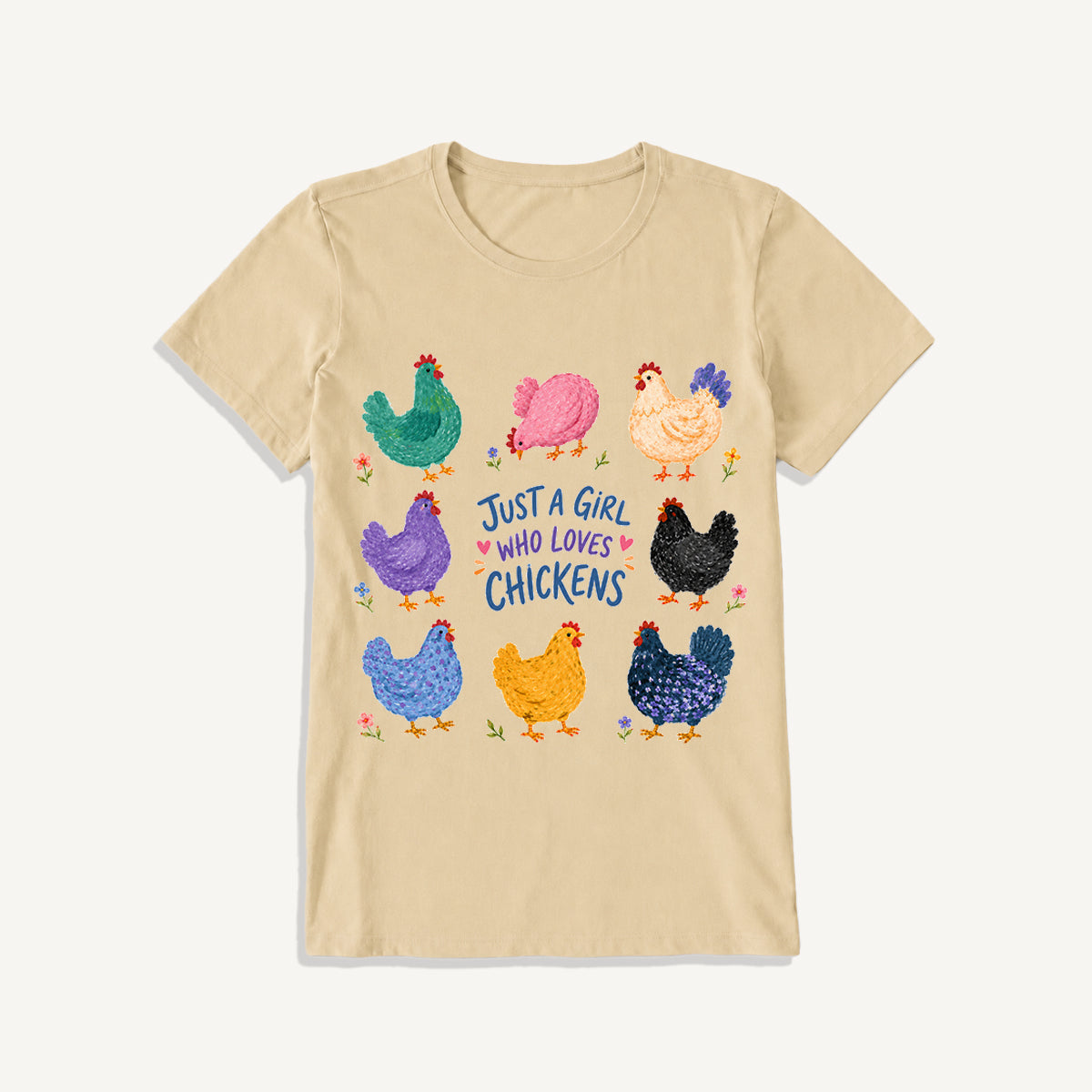 Colorful Chicken Garden Print Crew Neck Cotton Tee