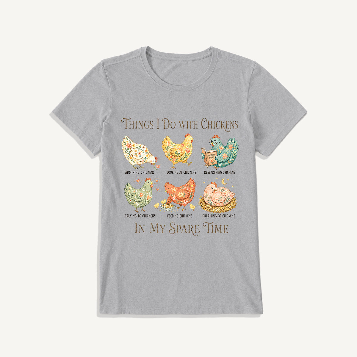 Floral Chicken Garden Life Print Crew Neck Cotton Tee