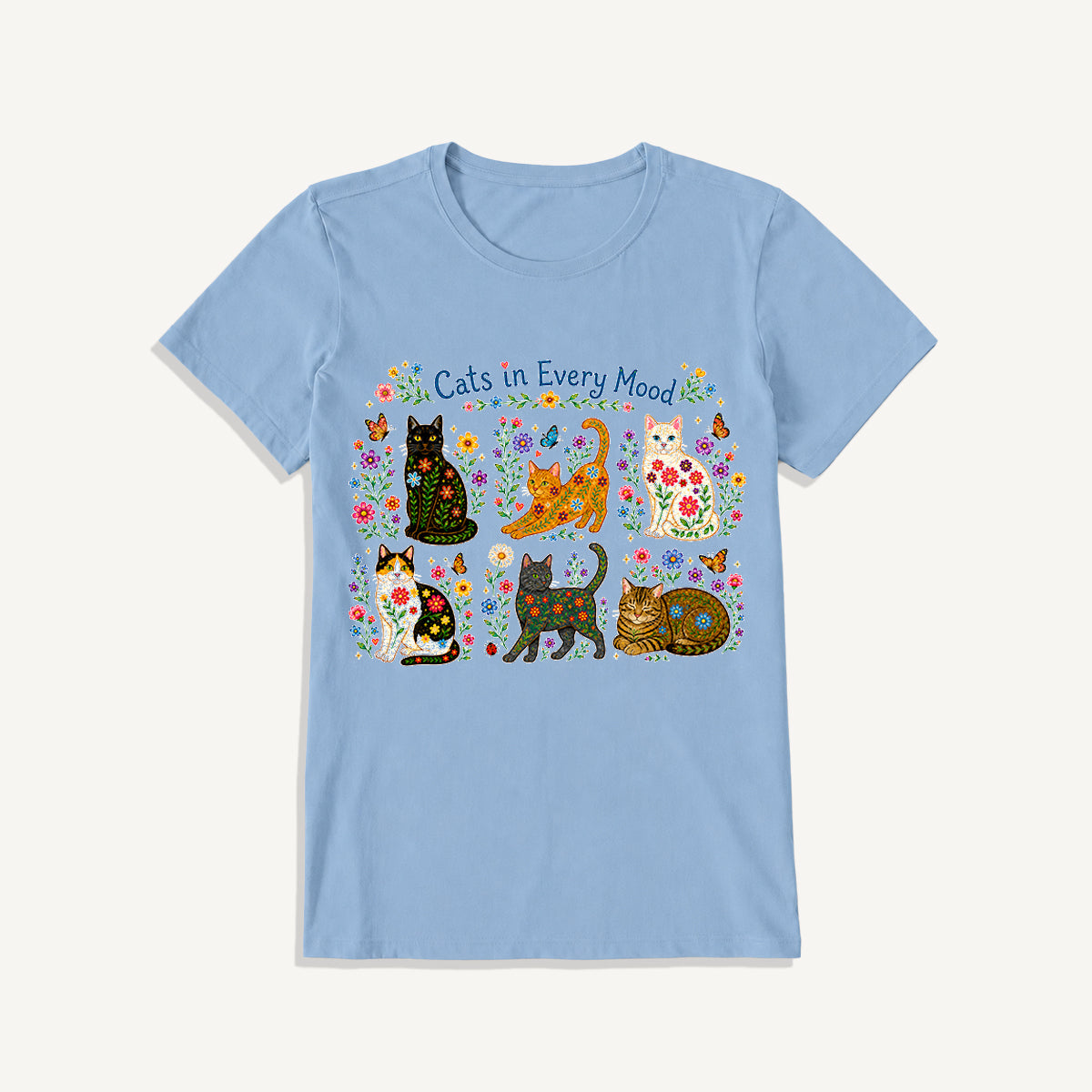Cats in Every Mood Print Crew Neck Cotton Tee