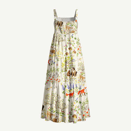 Whimsical Forest Animals Print Wide Straps Maxi Dress With Pockets