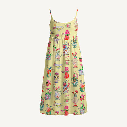 Colorful Flower Vase Print Spaghetti Strap Mini Dress
