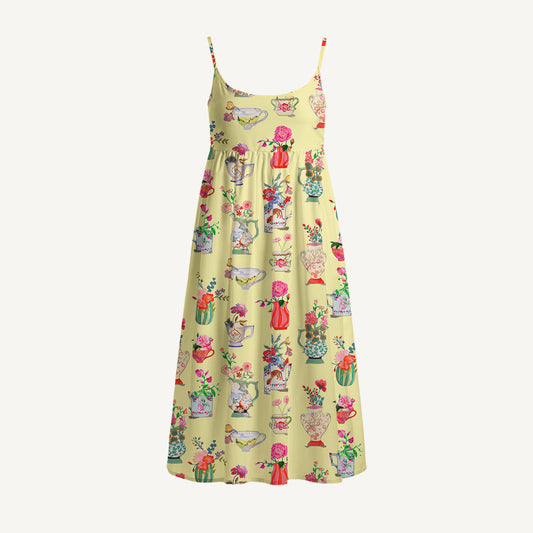 Colorful Flower Vase Print Spaghetti Strap Mini Dress