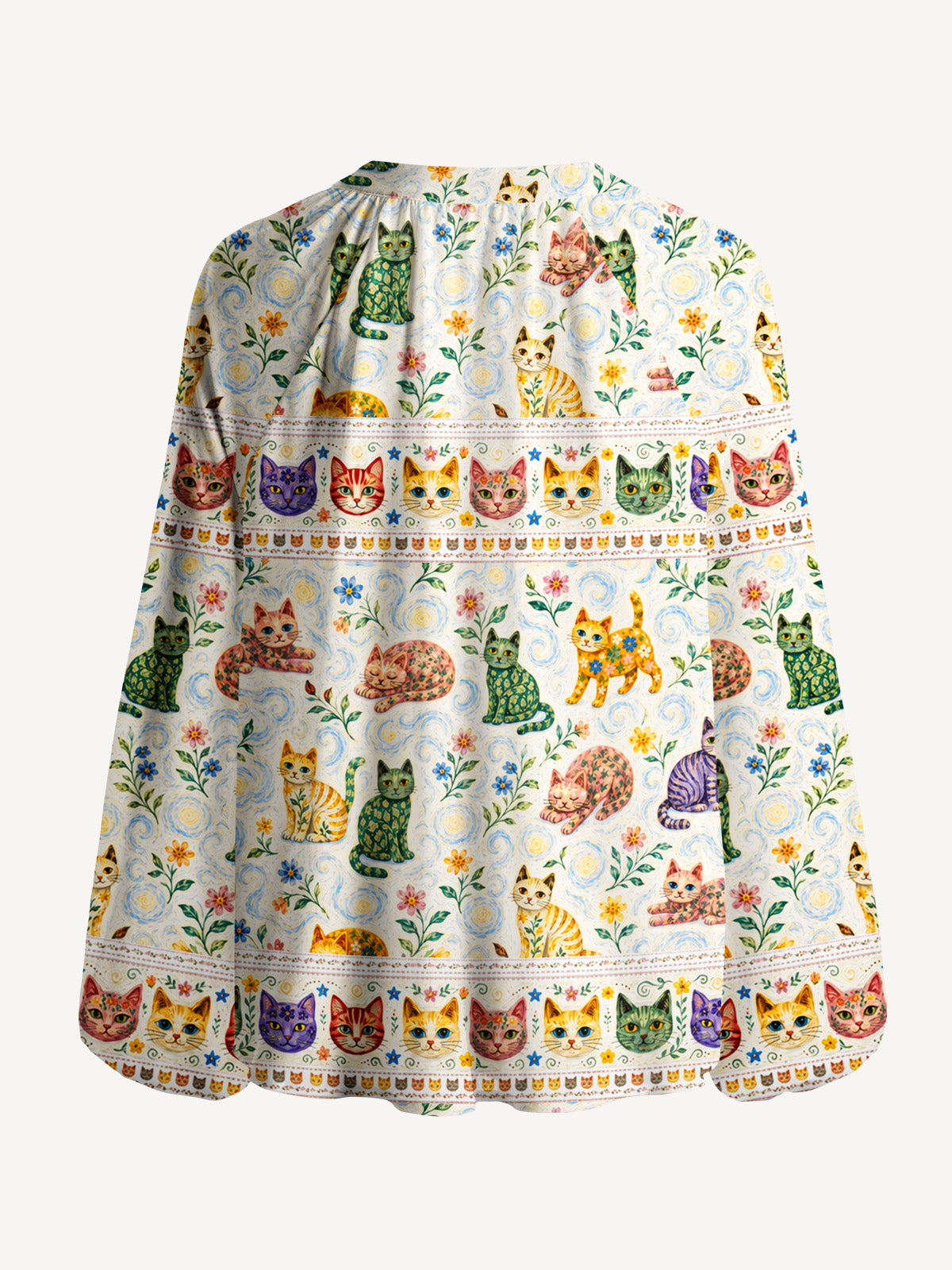 Starry Night Cat Whisper Print Boho Long Sleeve Tie‑Neck Blouse