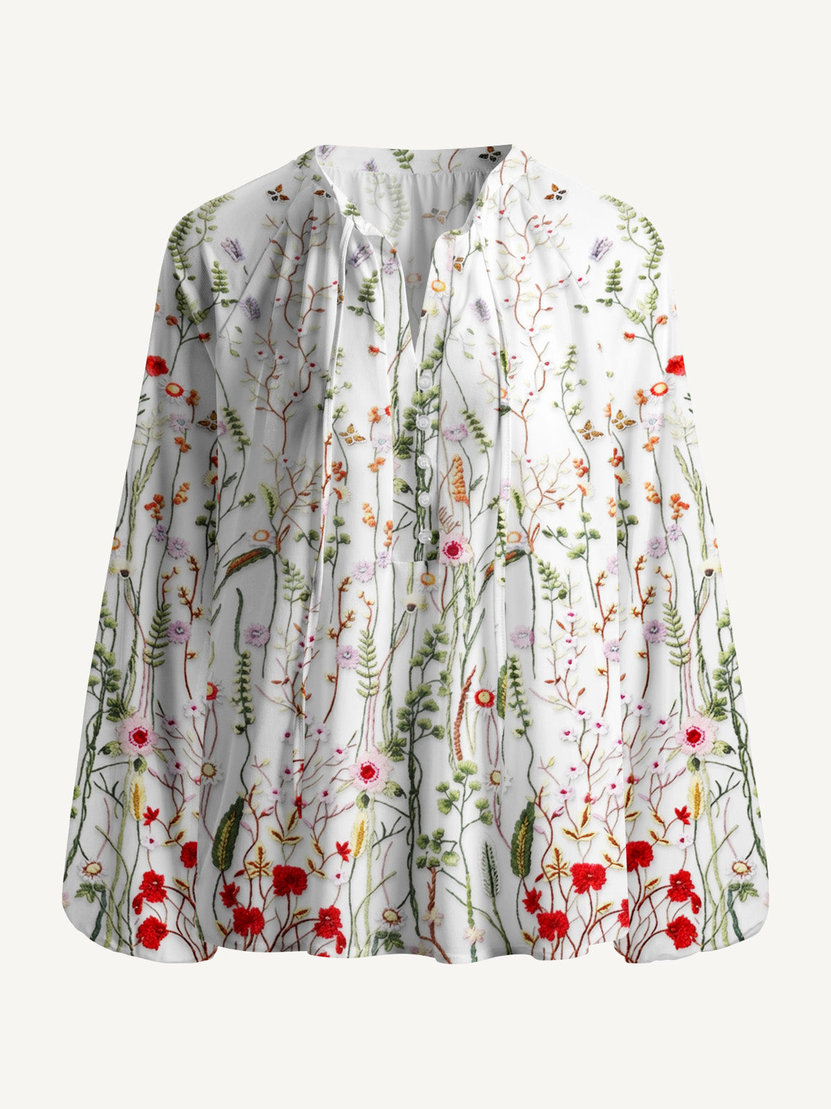 Misty Forest Wildflower Print Boho Long Sleeve Tie‑Neck Blouse