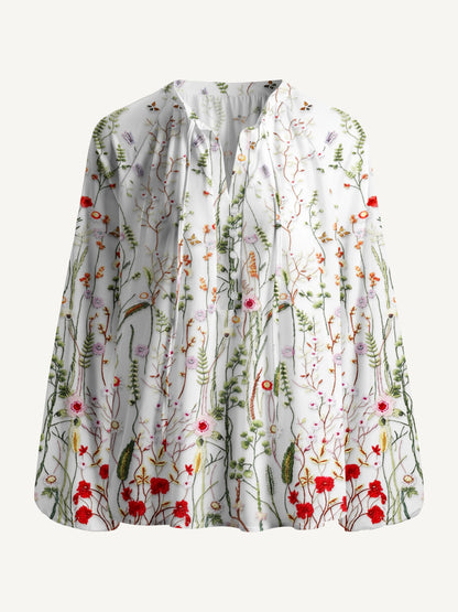 Misty Forest Wildflower Print Boho Long Sleeve Tie‑Neck Blouse