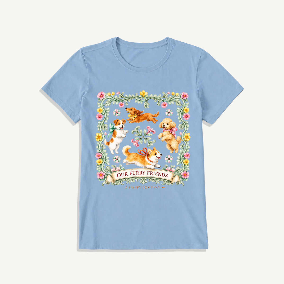 Playful Furry Friends Print Crew Neck Cotton Tee