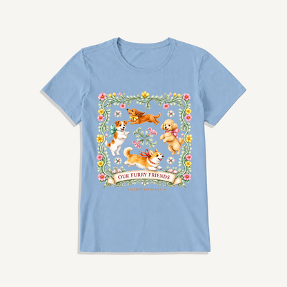 Playful Furry Friends Print Crew Neck Cotton Tee