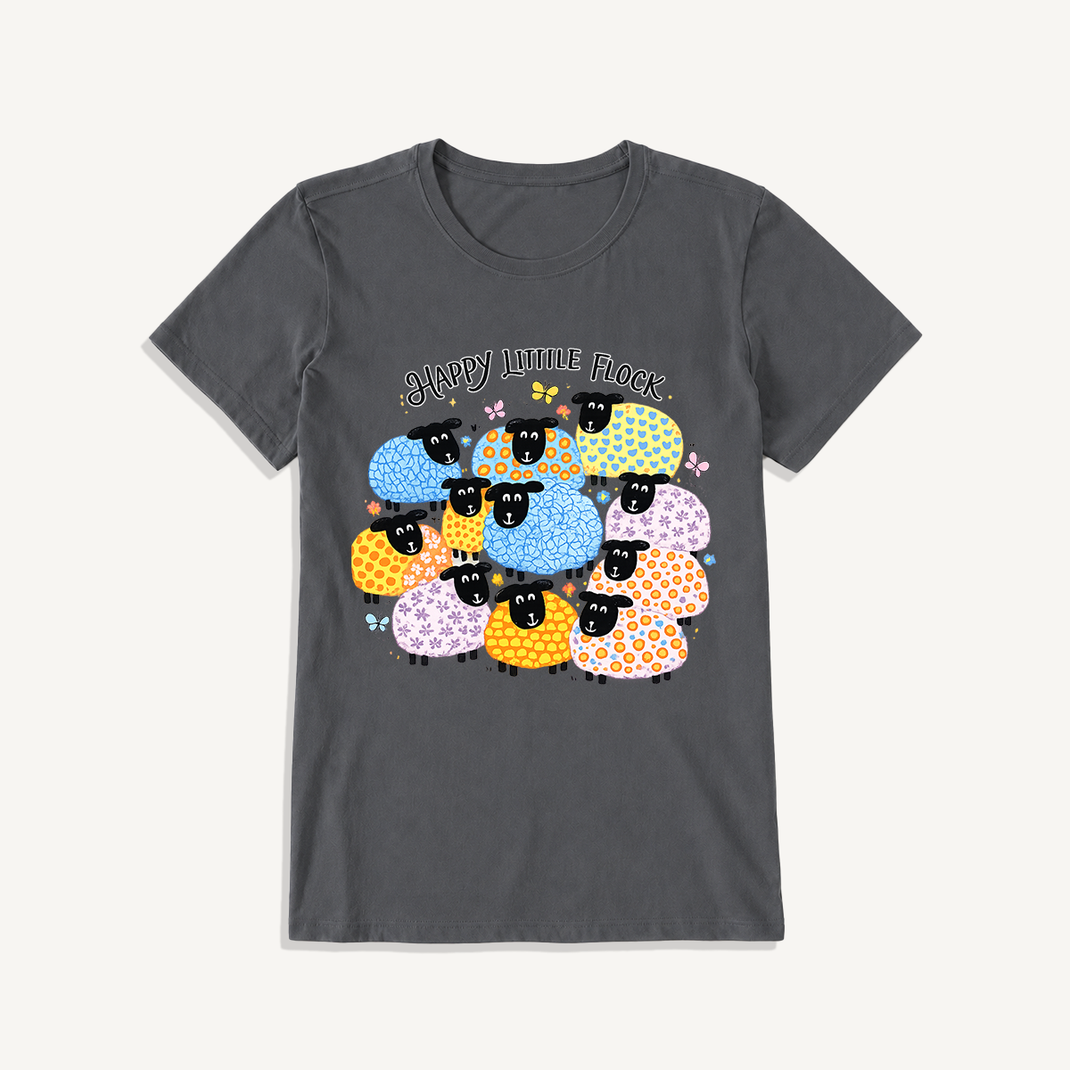 Colorful Happy Flock Print Crew Neck Cotton Tee