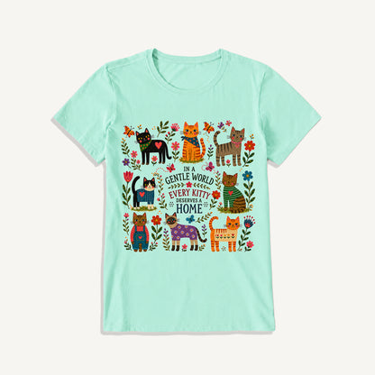 Gentle World Kitty Garden Print Crew Neck Cotton Tee