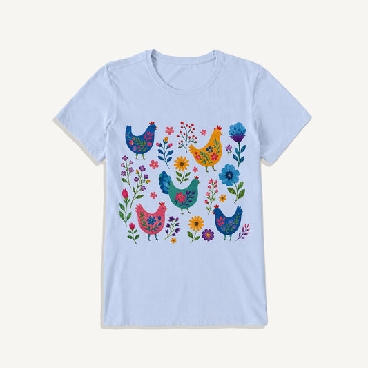 Colorful Folk Hens Print Crew Neck Cotton Tee